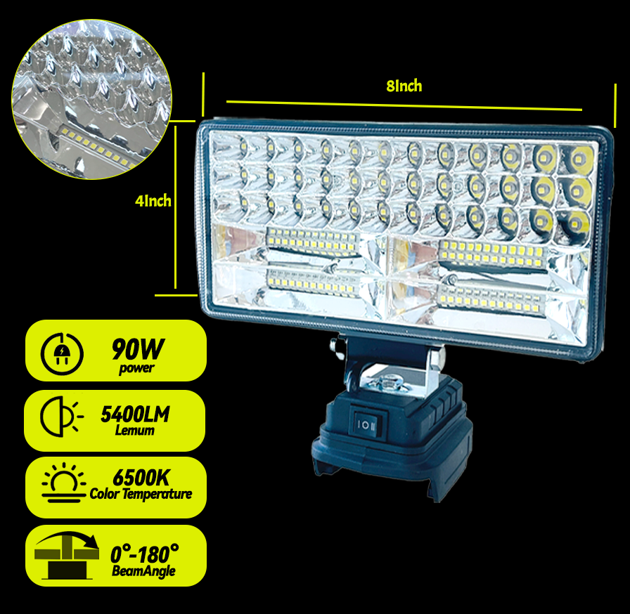 Configuration of Adoration Cordless LED Work Light for Dewalt 20V 90W – 5400LM Flood Light (No Battery)