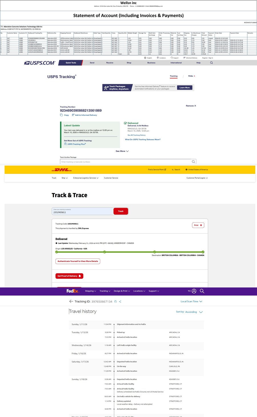 Real shipping delivery proof tracking records USPS FedEx UPS DHL UniUni